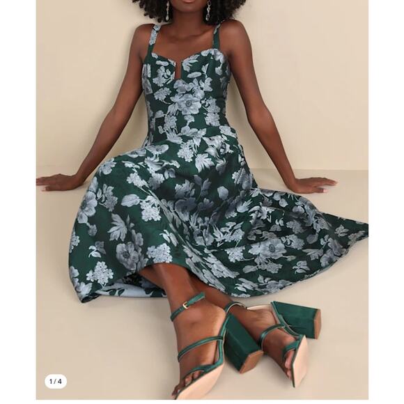 Lulus Emerald Floral Jacquard Drop Waist Major Flirtation Midi Dress Size Small - Picture 9 of 12